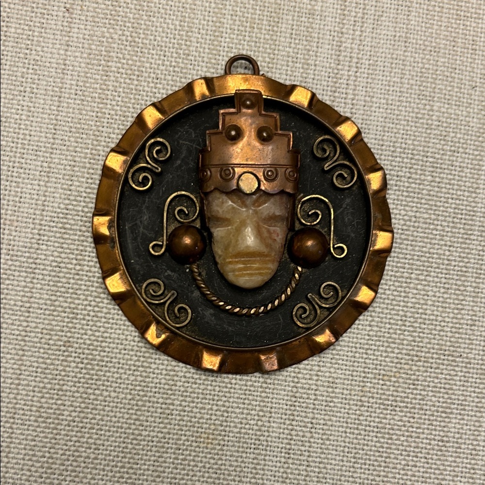 Vintage Mid Century Aztec Warrior Pendant Necklace: Copper & Brass Mexico